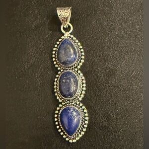 Vintage Southwestern Triple Lapis Lazuli Stone Sterling Silver Deep Blue Pendant
